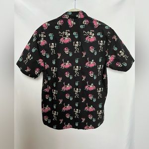 Visitor Premium Skeleton Pool Party Button Front Shirt - Black w/ Pink/Aqua - Sm